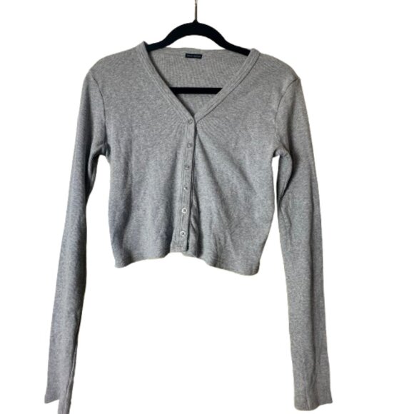 BRANDY MELVILLE Grey Ribbed Cardigan Sweater Top Cropped Button Front One Size - Picture 1 of 6